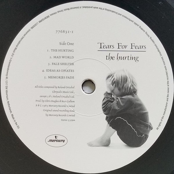 Tears For Fears The Hurting vinyl record label with tracklist and image of a seated child.