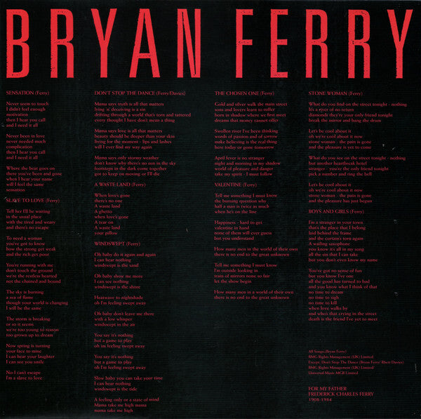 Bryan Ferry vinyl record album back cover with tracklist and song lyrics in red on black background.