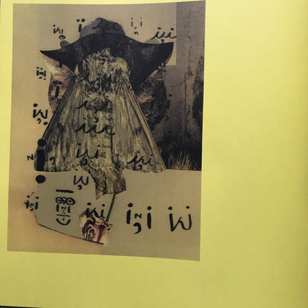 Collage artwork with abstract dress, symbols, and handwritten script on a yellow background