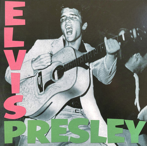 Vintage black and white Elvis Presley record cover with large text and guitar performance