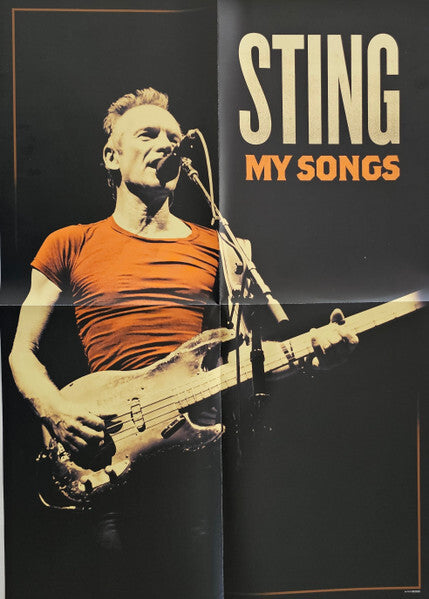 Vintage-style poster of musician singing and playing bass guitar, text reads 'Sting My Songs'.