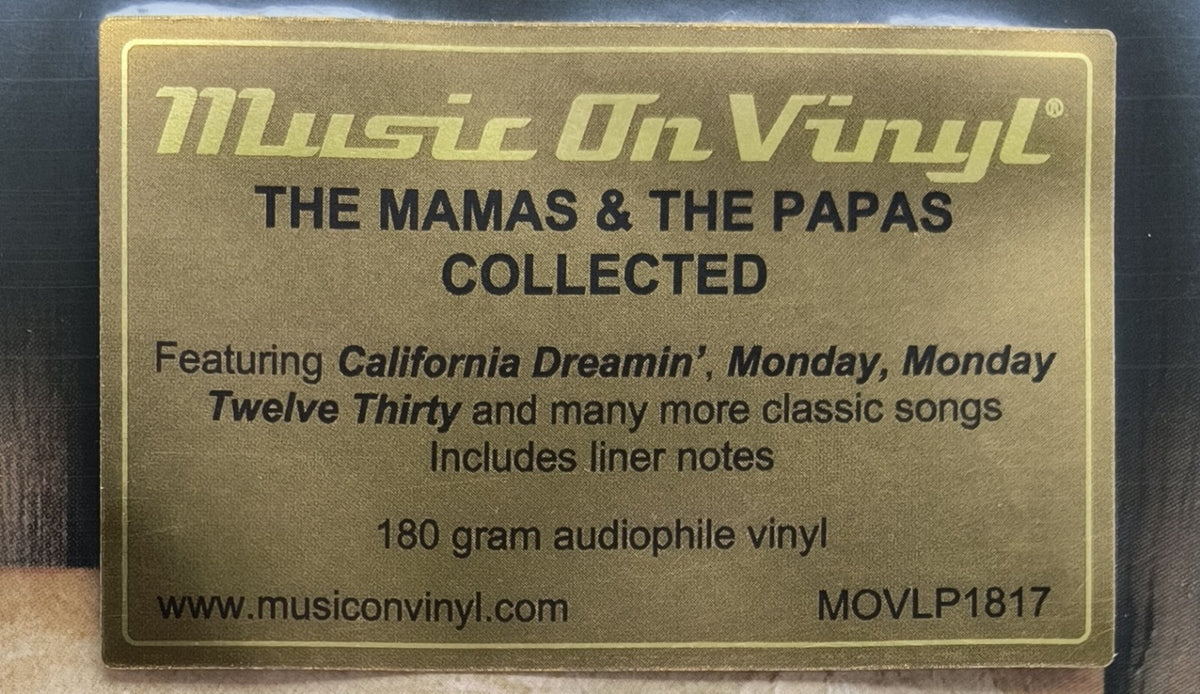 The Mamas & The Papas Collected gold vinyl sticker, highlights classic songs, 180g audiophile LP.
