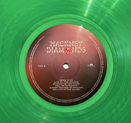 Green vinyl record labeled Hackney Diamonds, Side B tracklist visible