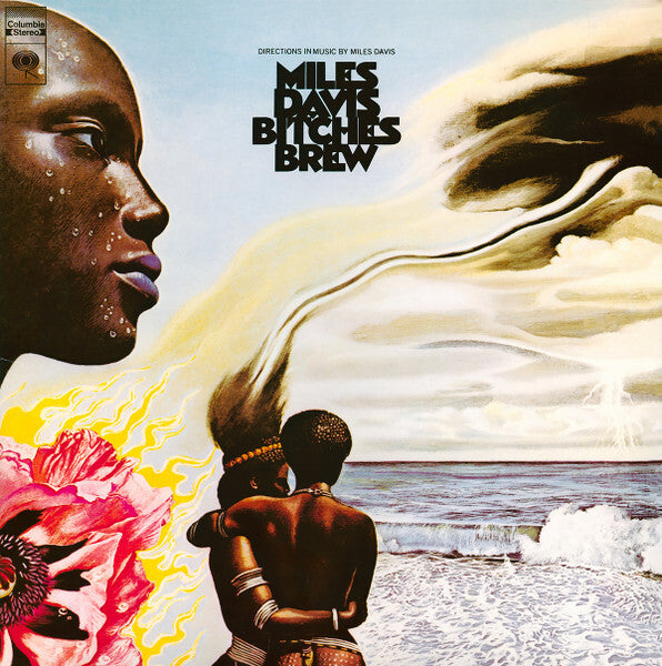Miles Davis Bitches Brew vinyl album cover art with surreal ocean, abstract faces, and vibrant colors