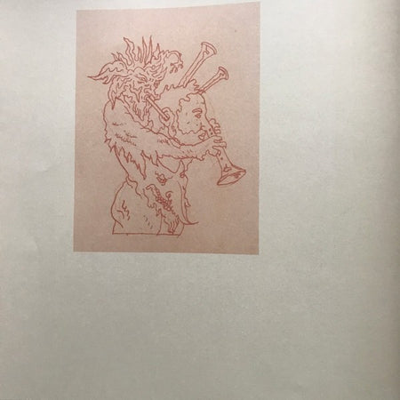 Line art of a mythical creature playing a trumpet, minimalist sketch on a light background.