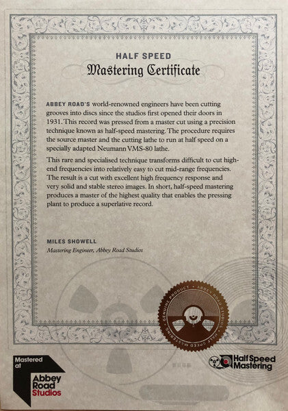 Half Speed Mastering Certificate from Abbey Road Studios for vinyl record quality assurance