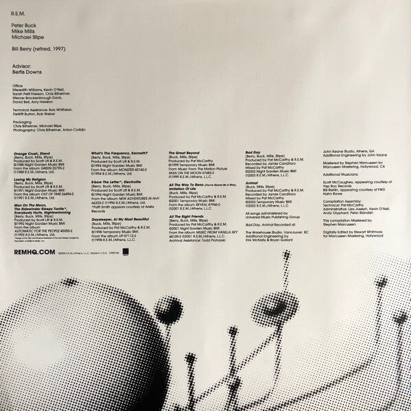 Back cover of R.E.M. vinyl record with tracklist, credits, and abstract black and white art.