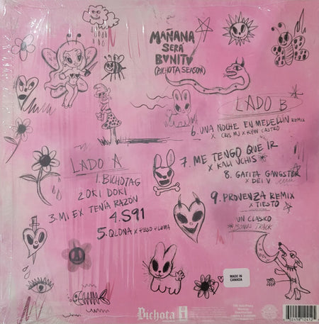 Pink vinyl record back cover with hand-drawn doodles, tracklist, cute creatures, and playful text.