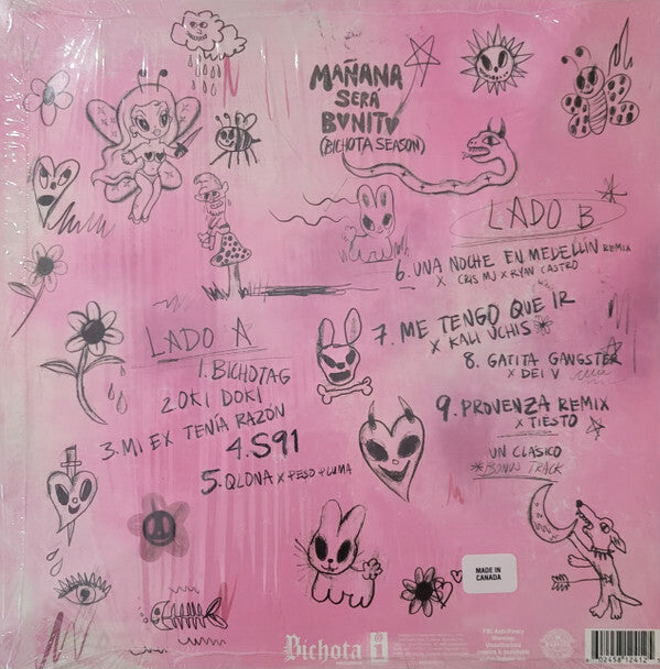 Pink vinyl record back cover with hand-drawn doodles, tracklist, cute creatures, and playful text.
