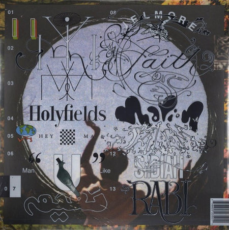Abstract vinyl album cover with layered text, swirling graphics, and shadowed silhouette