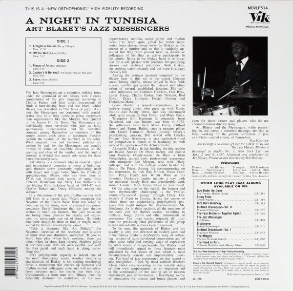 Back cover of Art Blakey's Jazz Messengers album 'A Night in Tunisia' with tracklist, album details, and black and white photo of musician playing drums.