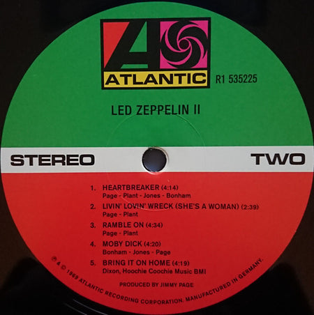 Led Zeppelin II vinyl record label, Side Two, Atlantic Records, tracklist visible