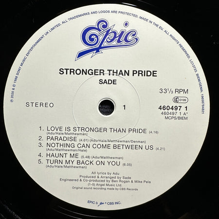 Sade Stronger Than Pride vinyl record label with Epic logo and tracklist in black text on white.