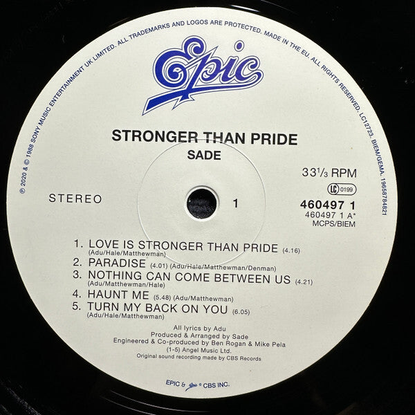 Sade Stronger Than Pride vinyl record label with Epic logo and tracklist in black text on white.