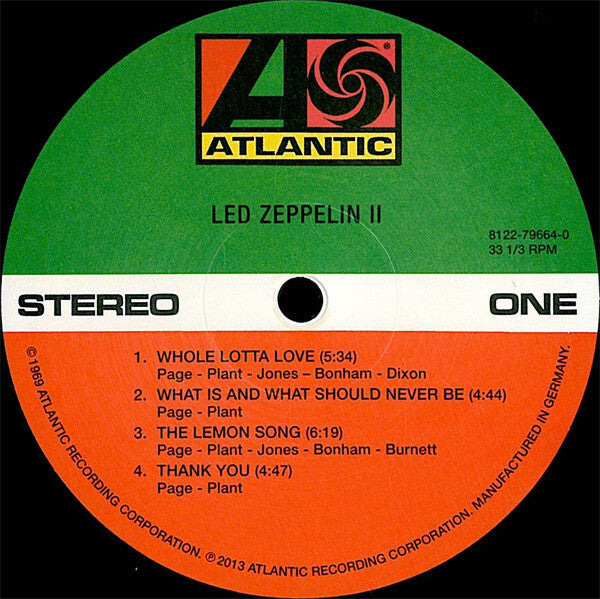 Led Zeppelin II vinyl record label, Atlantic logo, tracklist, classic rock album