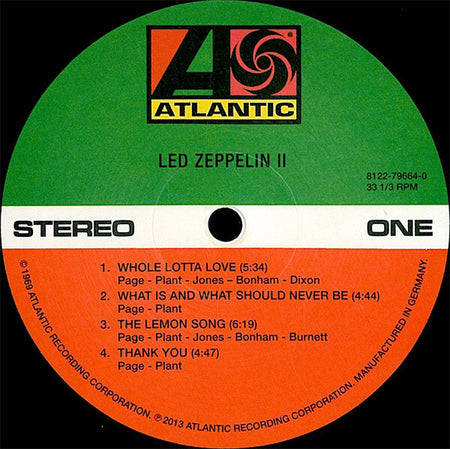 Led Zeppelin II vinyl record label, Atlantic logo, tracklist, classic rock album