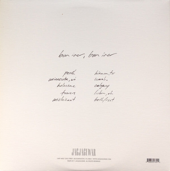 Bon Iver vinyl record back cover with handwritten tracklist on white background
