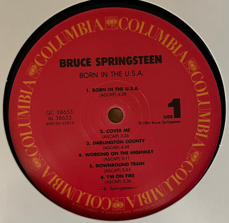 Bruce Springsteen Born in the U.S.A. vinyl record label, Columbia red label, side one tracklist