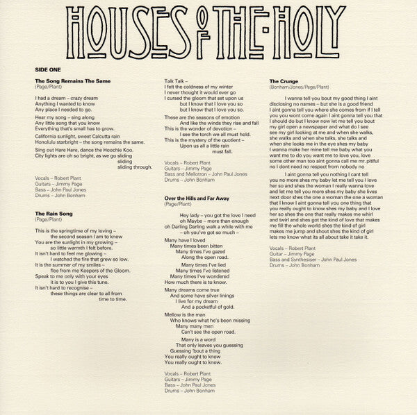 Houses of the Holy vinyl insert with track lyrics and band credits on cream paper background