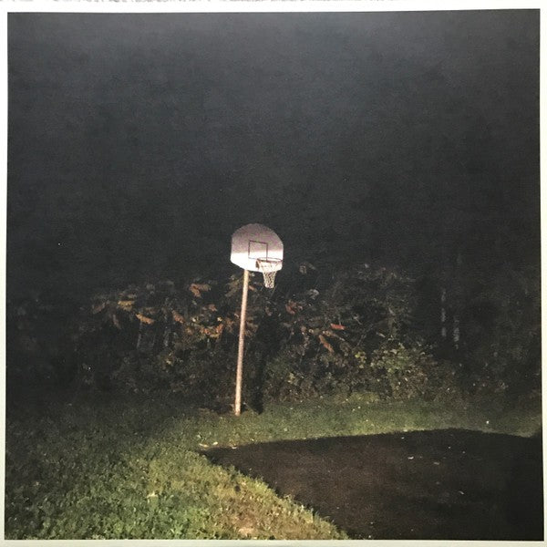 Outdoor basketball hoop illuminated at night on a grassy court with dark trees in background