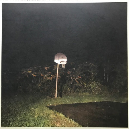 Outdoor basketball hoop illuminated at night on a grassy court with dark trees in background
