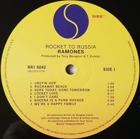 Ramones Rocket to Russia vinyl record label, yellow Sire label, Side 1 tracklist visible