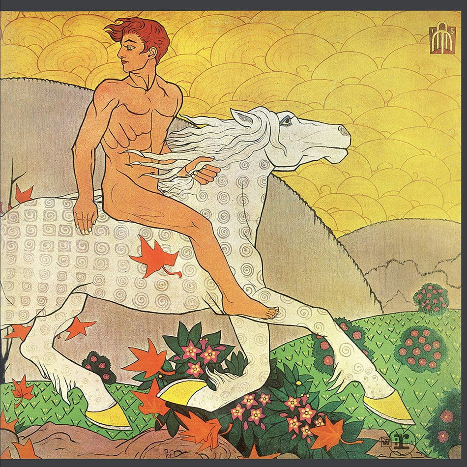 Artistic vinyl record cover with a nude red-haired figure riding a patterned white horse in a colorful, surreal landscape with yellow sky, autumn leaves, and flowers.