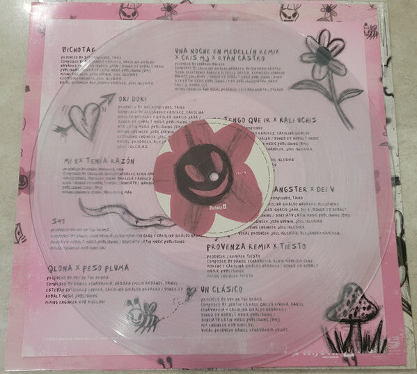Clear vinyl record with pink smiling flower label on illustrated pink sleeve featuring handwritten song titles and doodles.