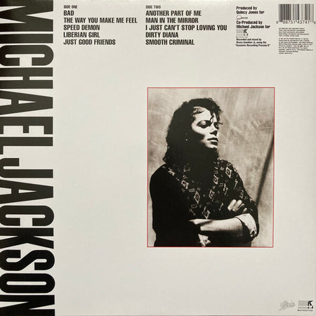 Back cover of Michael Jackson's Bad vinyl record featuring tracklist and black-and-white portrait.