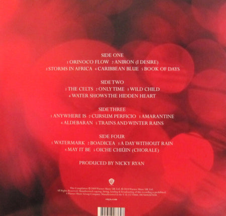 Vinyl record back cover with red bokeh background, tracklist in white text for four sides.