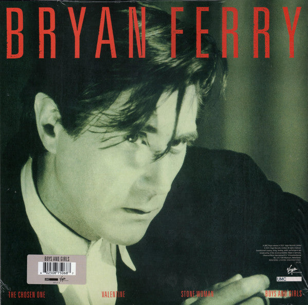 Bryan Ferry Boys and Girls vinyl album cover with close-up portrait and red text.