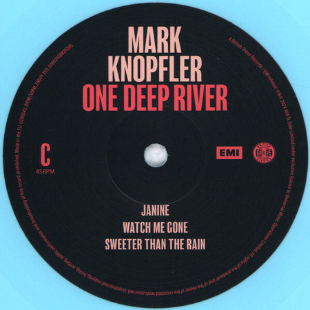 Mark Knopfler One Deep River vinyl record label with song titles Janine, Watch Me Gone, Sweeter Than The Rain