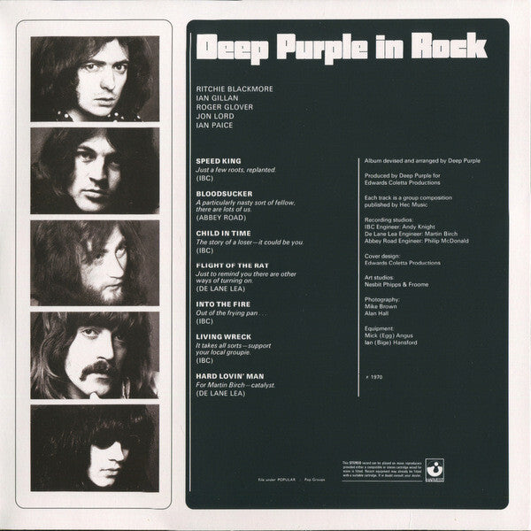 Deep Purple In Rock album back cover with band portraits, tracklist, and credits, vinyl record art.