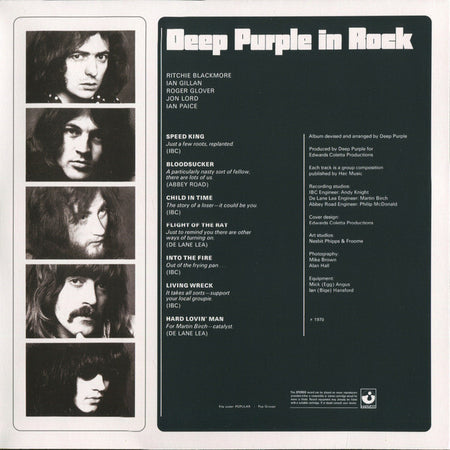 Deep Purple In Rock album back cover with band portraits, tracklist, and credits, vinyl record art.