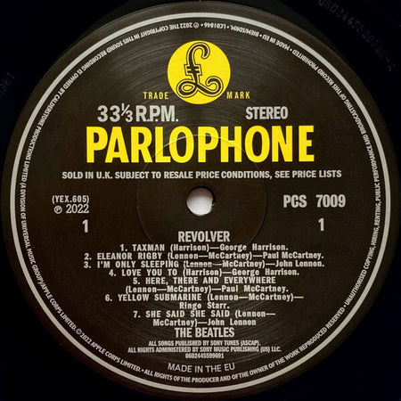 Parlophone vinyl record label for The Beatles Revolver album, side one tracklist visible
