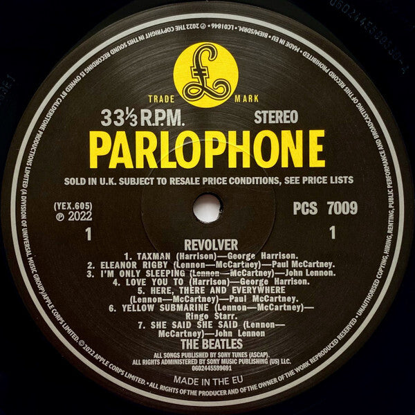 Parlophone vinyl record label for The Beatles Revolver album, side one tracklist visible