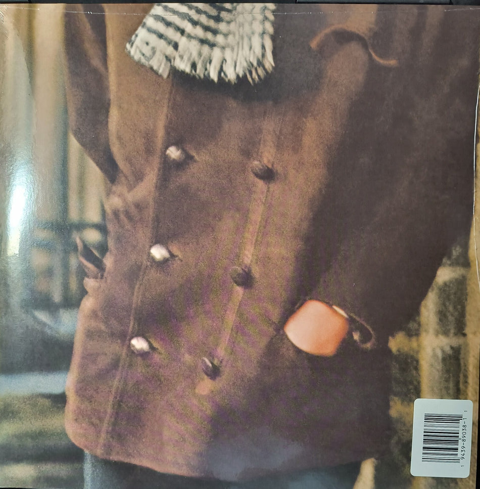 Close-up of person in brown double-breasted coat with pocketed hand and fringed scarf, outdoors