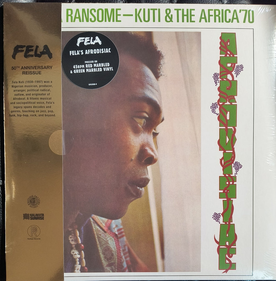Fela Kuti Afrodisiac 50th anniversary vinyl album cover, close-up portrait, record details