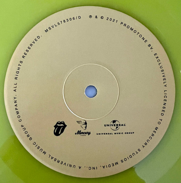 Close-up of green vinyl record center label with Mercury and Universal Music logos
