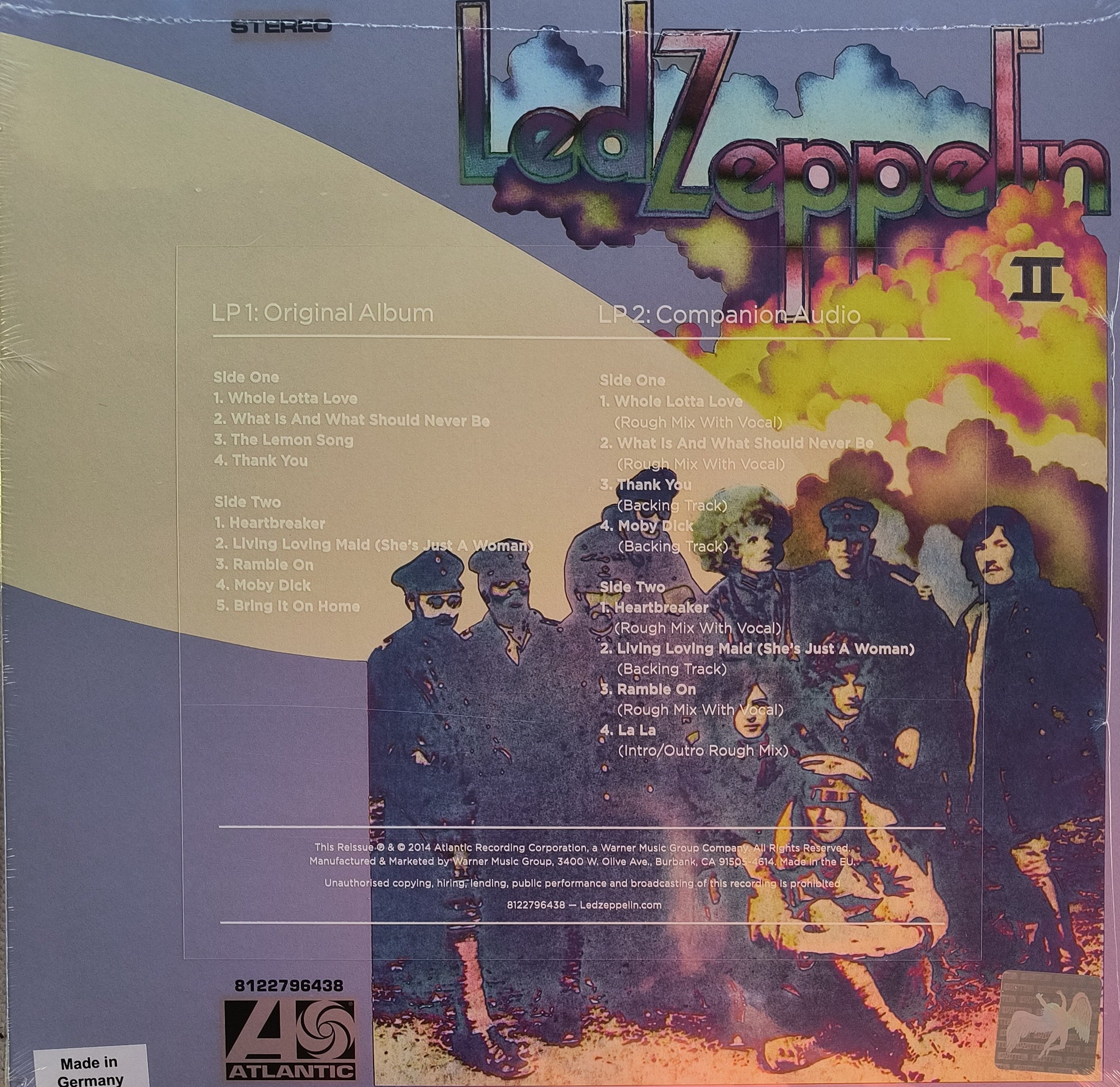 Led Zeppelin II vinyl record back cover, psychedelic band photo and album tracklist