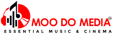 The logo of "Moo Do Media" features a red circle containing a white CD and black headphone graphic, with the text "jjjj Essential Music & Cinema" in red and black.