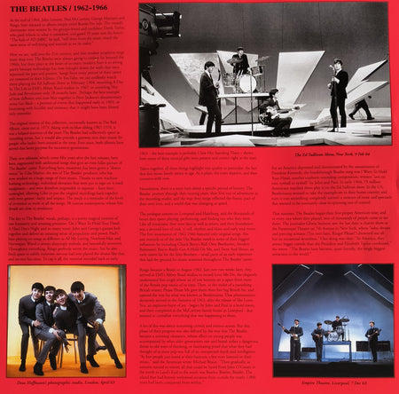 The Beatles 1962-1966 album insert with red background, vintage band photos, and detailed text.