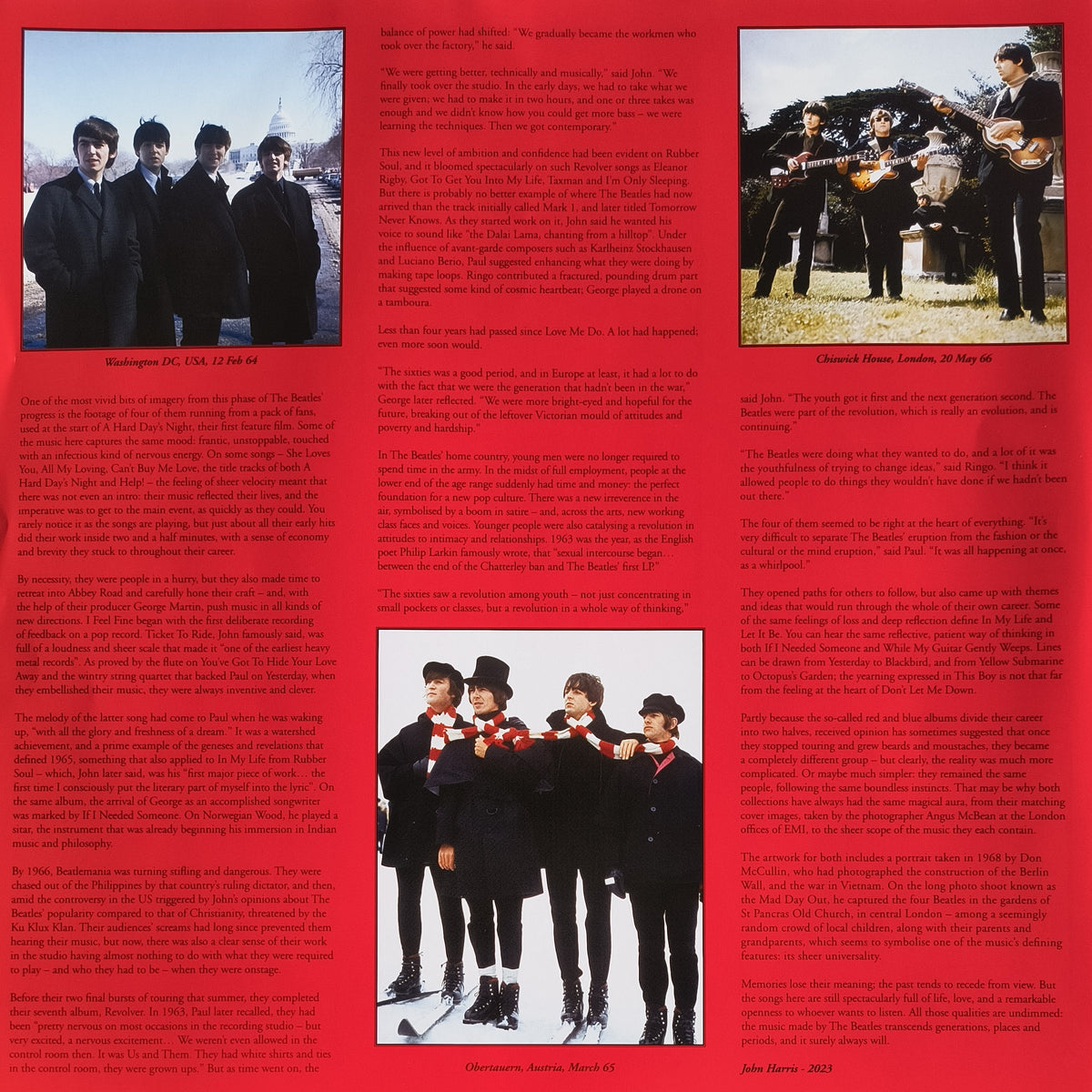 The Beatles vinyl album insert with red background, vintage band photos, and detailed text.