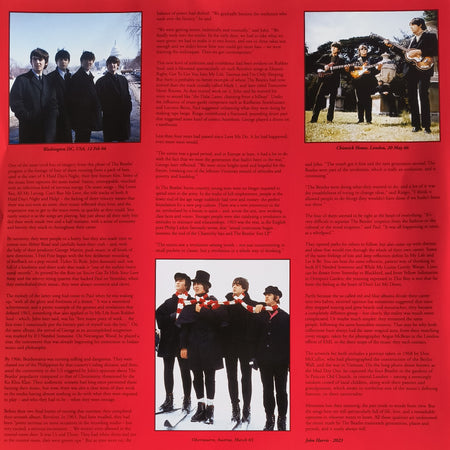 The Beatles vinyl album insert with red background, vintage band photos, and detailed text.