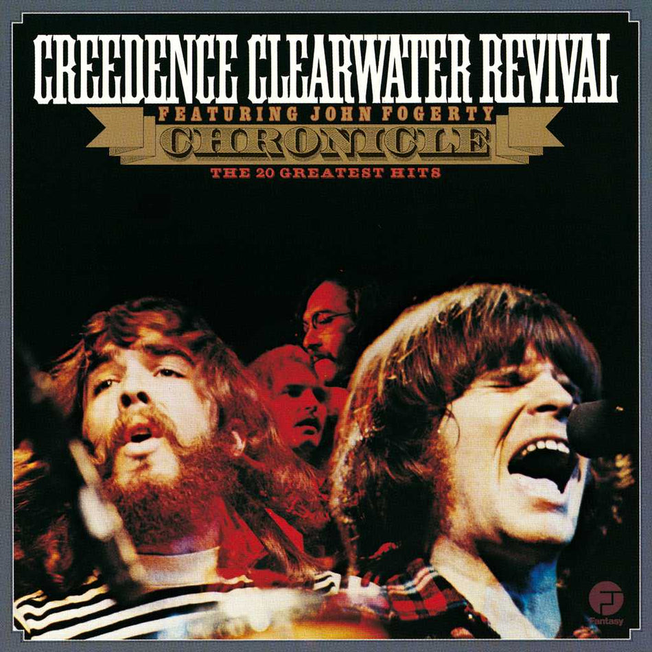 Album cover of Creedence Clearwater Revival featuring John Fogerty's 'Chronicle: The 20 Greatest Hits' with band members on a dark background.
