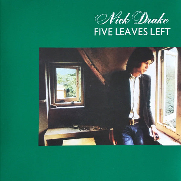 Nick Drake Five Leaves Left vinyl record album cover with photo of Drake by an attic window